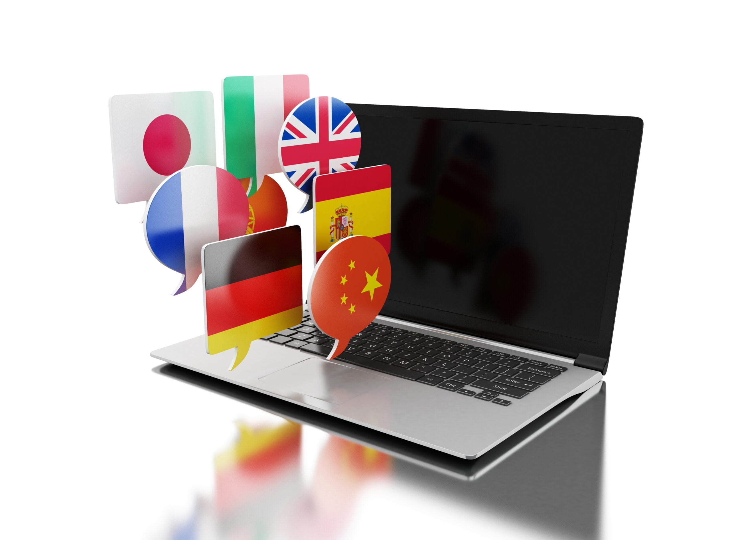 3d laptop with bubble speech flags scaled